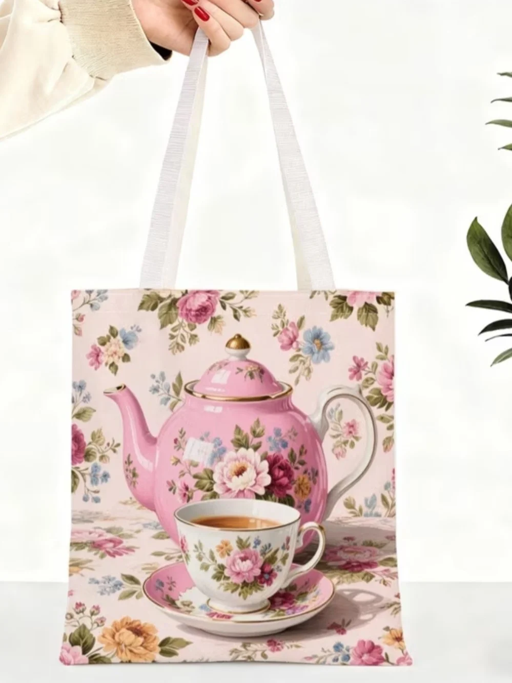 Floral Pink Teapot & Teacup Canvas Tote Bag - Elegant Tea Time Design